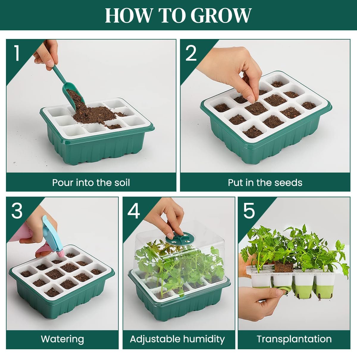 Seed Starter Tray, 12 Pots, 2 Tools, 10 Labels, Clear Lid - Image 3