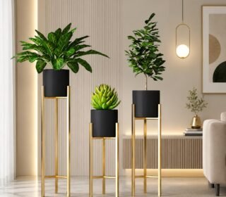 Modern Metal Floor Flower Stands for Living Room Bedroom Display Plant Stand Tall Indoor Plant Stand with Planter Pot -set of 3 (Black)