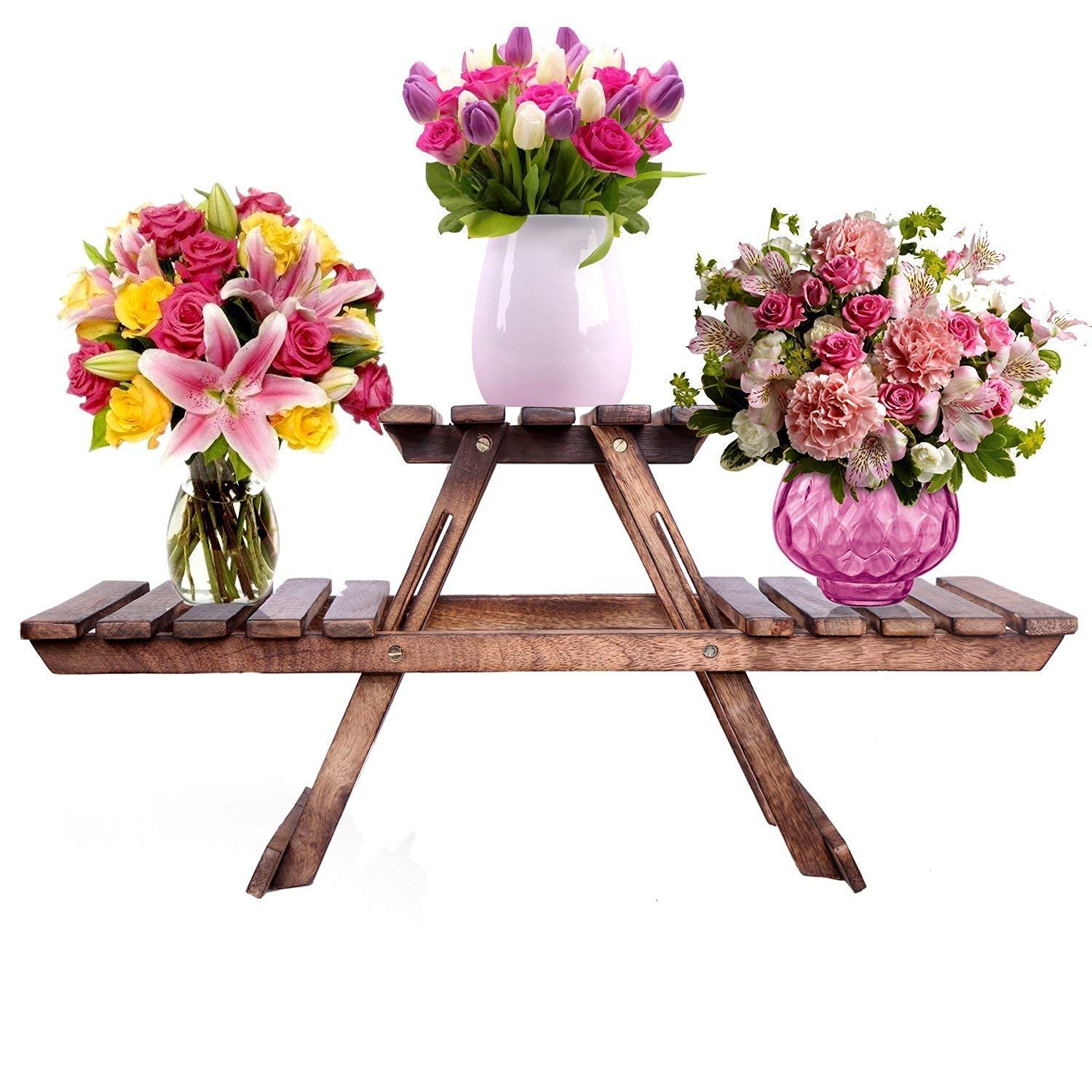 Decorative Wooden 3 Tier Plant Holder Stand, Multi-Level Flower Pot and Vase Display Rack for Home, Balcony, Living Room and Garden, Freestanding Plant Organizer Shelf for Indoor and Outdoor Decoration - Image 4