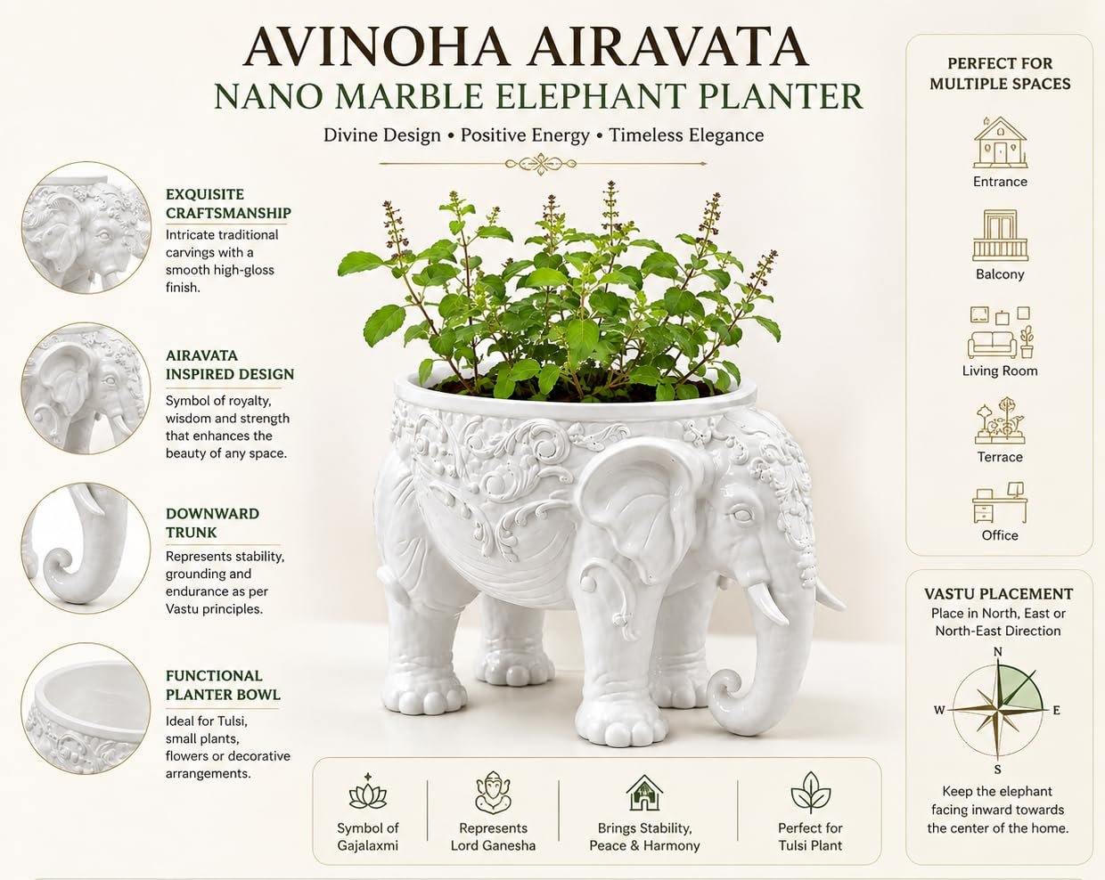 AVINOHA Airavata Nano Marble Elephant Planter Bowl for Home Decor, White, Tulsi Pot, Functional & Decorative, 23.5 x 17.5 x 17 cm - Image 3