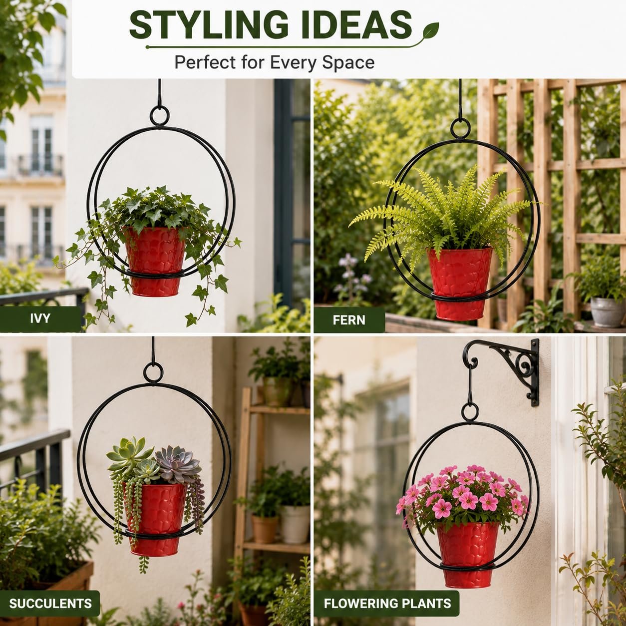 12-Inch Double Ring Hanging Metal Planter Holder with Pot, Matte Black Iron Hanging Plant Stand for Indoor & Outdoor Balcony, Garden, Patio & Home Decor - Image 5