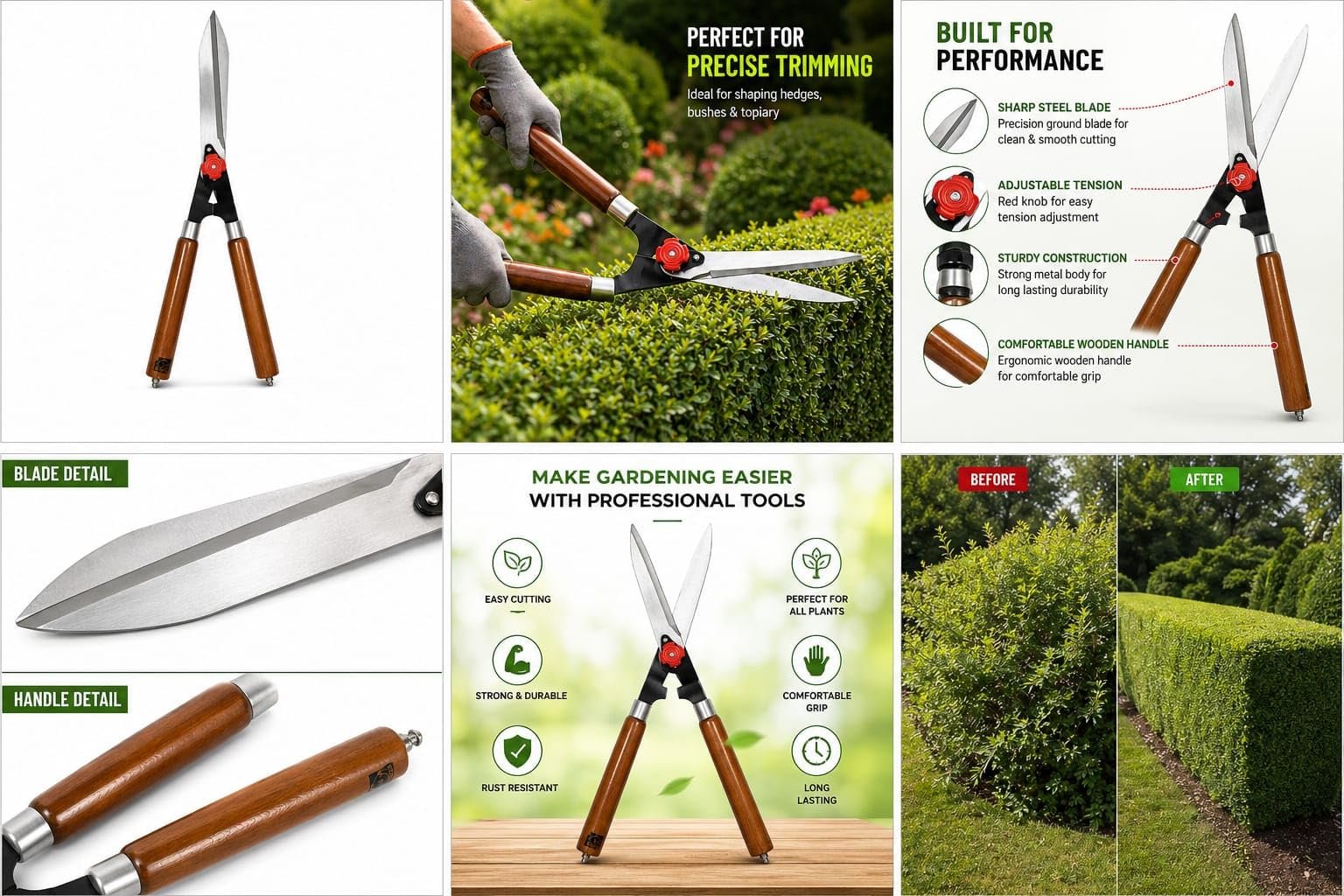 Hedge Shears Garden Cutter with Sharp Steel Blades and Wooden Handle, Manual Hand Trimmer for Grass, Bushes, Hedges and Plants, Gardening Tool for Lawn and Outdoor Plant Maintenance Work - Image 2