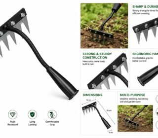 Steel Garden Rake with Flexible Handle, 6-Tine Hand Cultivator Iron Rake for Gardening and Weedings, Heavy Duty Gardening Hand Weed Puller Tools,
