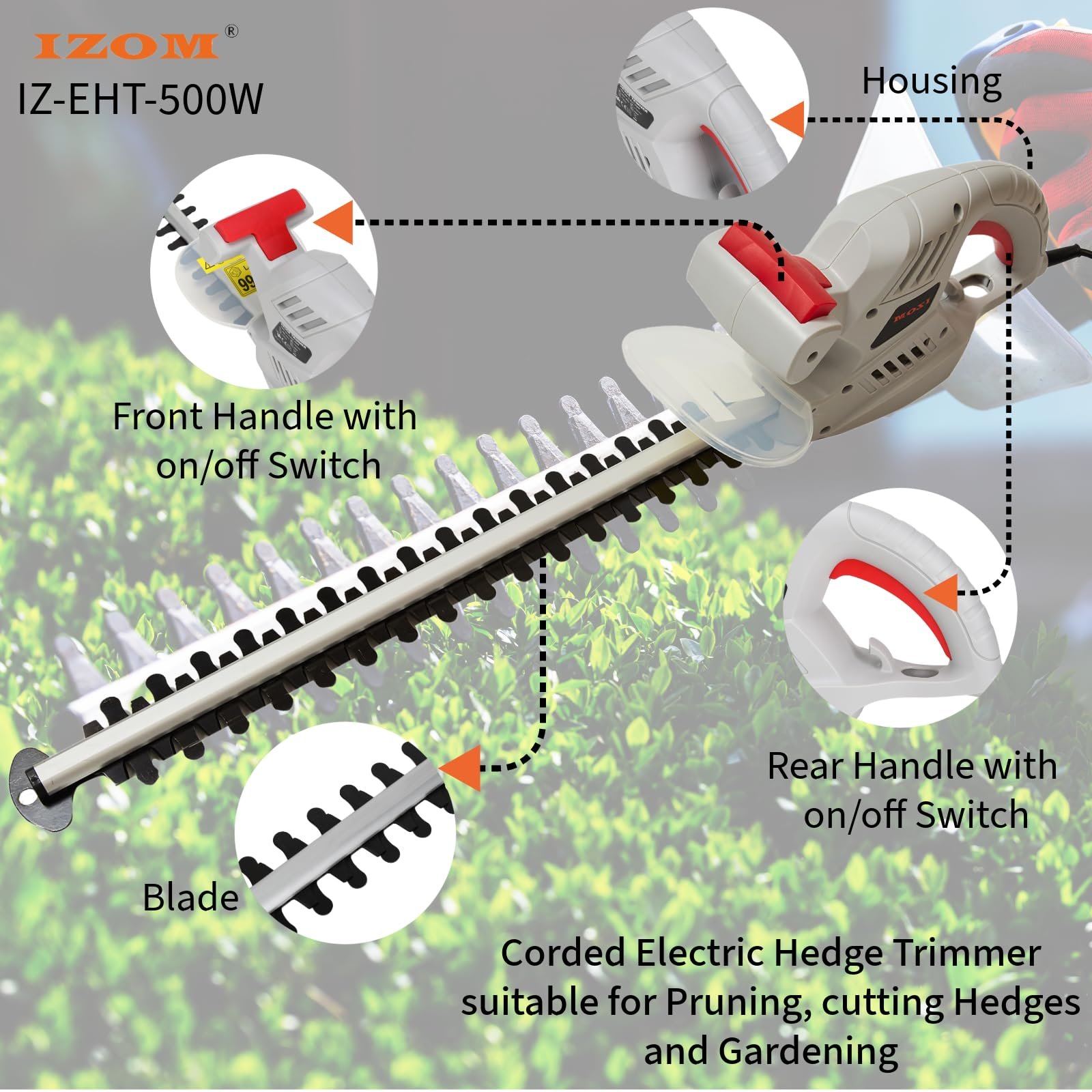 500W Corded Electric Hedge Trimmer for Gardening, 1750rpm, 55cm Blade, Hedge Cutter Light Weight for Stability & Durability - Image 2