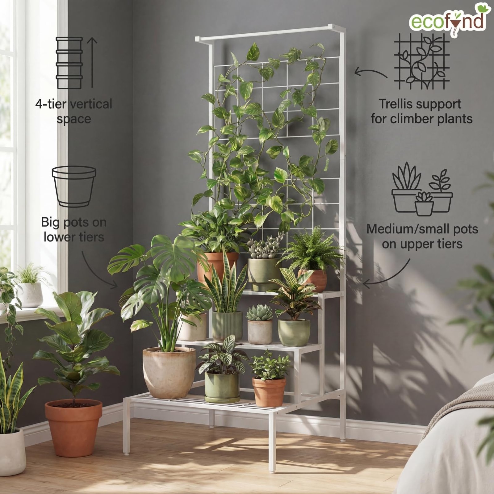 Bloom Plant Stands for Outdoor Balcony, Flower Pot Stand for Indoor Plants, Large Metal Planter Stand for Living Room, home decor, Indoor & Outdoor plants, 4 Tier, (White) - Image 4