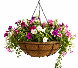 Ferro Pot 14 Inch Hanging Basket with Coco Liner & Heavy-Duty Chain, Round Metal Hanging Planter Basket, Powder-Coated Iron Flower Basket for Outdoor Plants, Balcony