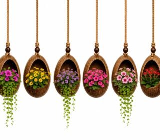 Coconut Shell Hanging Planter with Jute Rope, Natural Brown Pack of 6