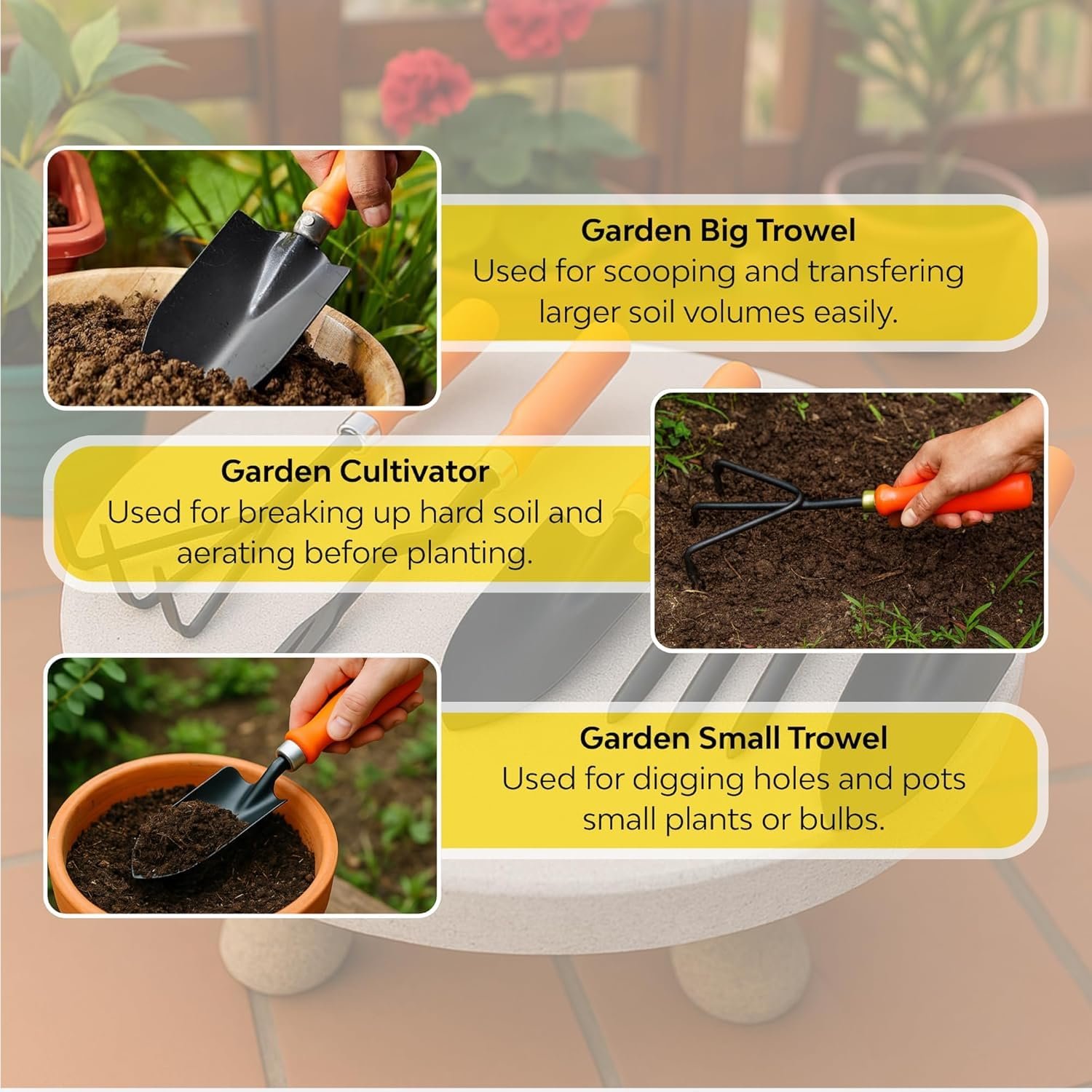 Gardening Hand Tools Set - 5 Pieces (Cultivator, Big and Small Trowel, Weeder, Fork) | Tools for Home Garden | Durable Plant Tool Kit | Farming Tools - Image 4