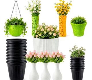 Plastic Pot & Decor White Vase Flower Pots, Hanging Pot for Home Garden – Set of 20 Combo | Decorative Planters with Magic & White Vase with Mix Pots | Indoor Outdoor Plant Pot Set (Multicolor)