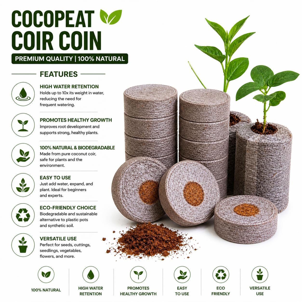Cocopeat Seed Germination Kit | Coir Coin for Gardening Seedling | Kit for Strong Root Growth |Size 4cmx1cm | Coco Peat Disc for Plants | Netted |Round (Pack of 50) - Image 6