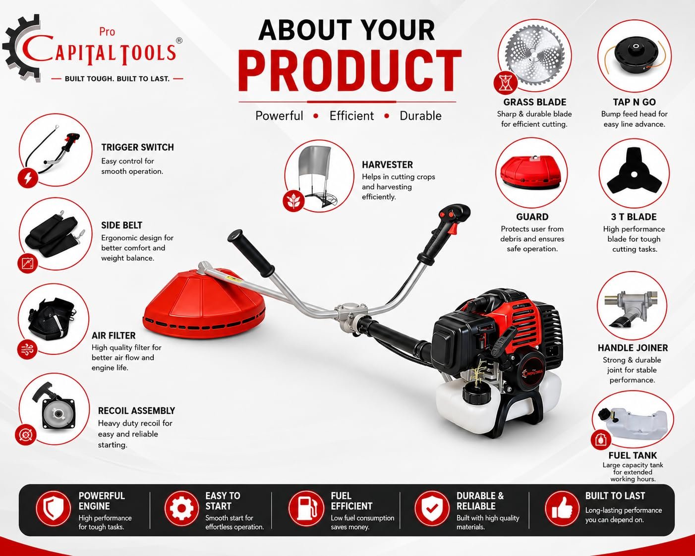 ID-053 52CC Petrol Brush Cutter Machine (2-Stroke) | Grass Trimmer & Crop Cutting Tool with Harvester & Extra Blade | Ideal for Farming, Agriculture & Lawn Cutting - Image 4