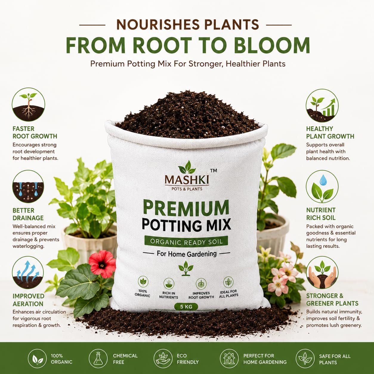 MASHKI Premium Organic Potting Mix Soil for Plants | Enriched with Cocopeat, Vermicompost, Neem Cake Powder, Cow Dung & Epsom Salt | Multipurpose Ready to Use Potting Mixture for Garden - Image 4