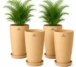 18 Inch Tall Fibre Planters, Big Size Beige Marble Flower Pots for Home Indoor Decor, Large Round Fiber Planter with Base Plate, Long Height Garden Pot for Living Room Balcony, Pack of 4