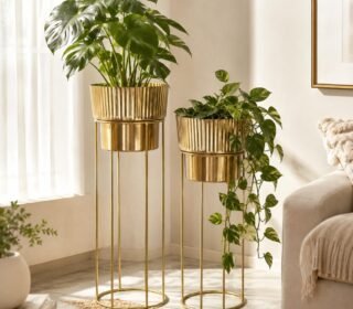 Metal Planter Stand Set of 2 | Gold Finish Tall Indoor Plant Pots with Elevated Metal Stands | Ribbed Decorative Planters for Living Room, Balcony, Bedroom & Home Décor | Small & Large