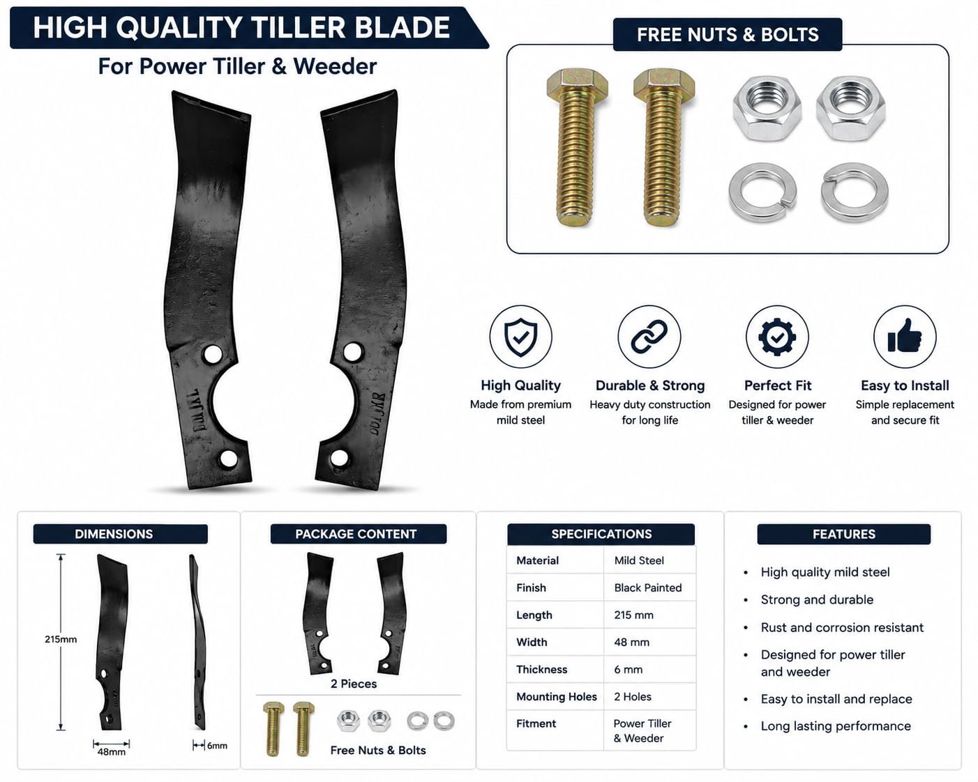 4 pcs Heavy Duty Rotary Blade for Power Tiller/Weeder 2 pcs Left 2 pcs Right with Free Nuts and Bolts - Image 2