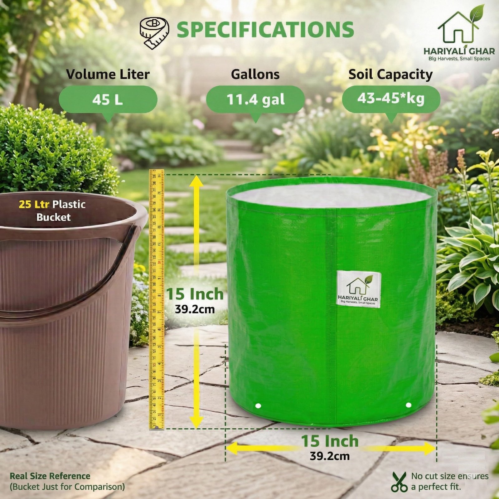 Premium HDPE Uv Protected 260 GSM Round Shaped Green Colour Grow Bags Suitable for Terrace and Vegetable Gardening 15x15 Inch Pack of 8 - Image 2