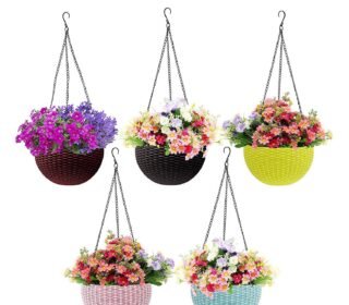 Plastic Hanging Planters with Chain Set of 5 – UV-Stabilized, BPA-Free for Balcony, Garden, Indoor & Outdoor Décor, Rattan-Style Finish, Multicolor Pots, 7.1 Inch Diameter