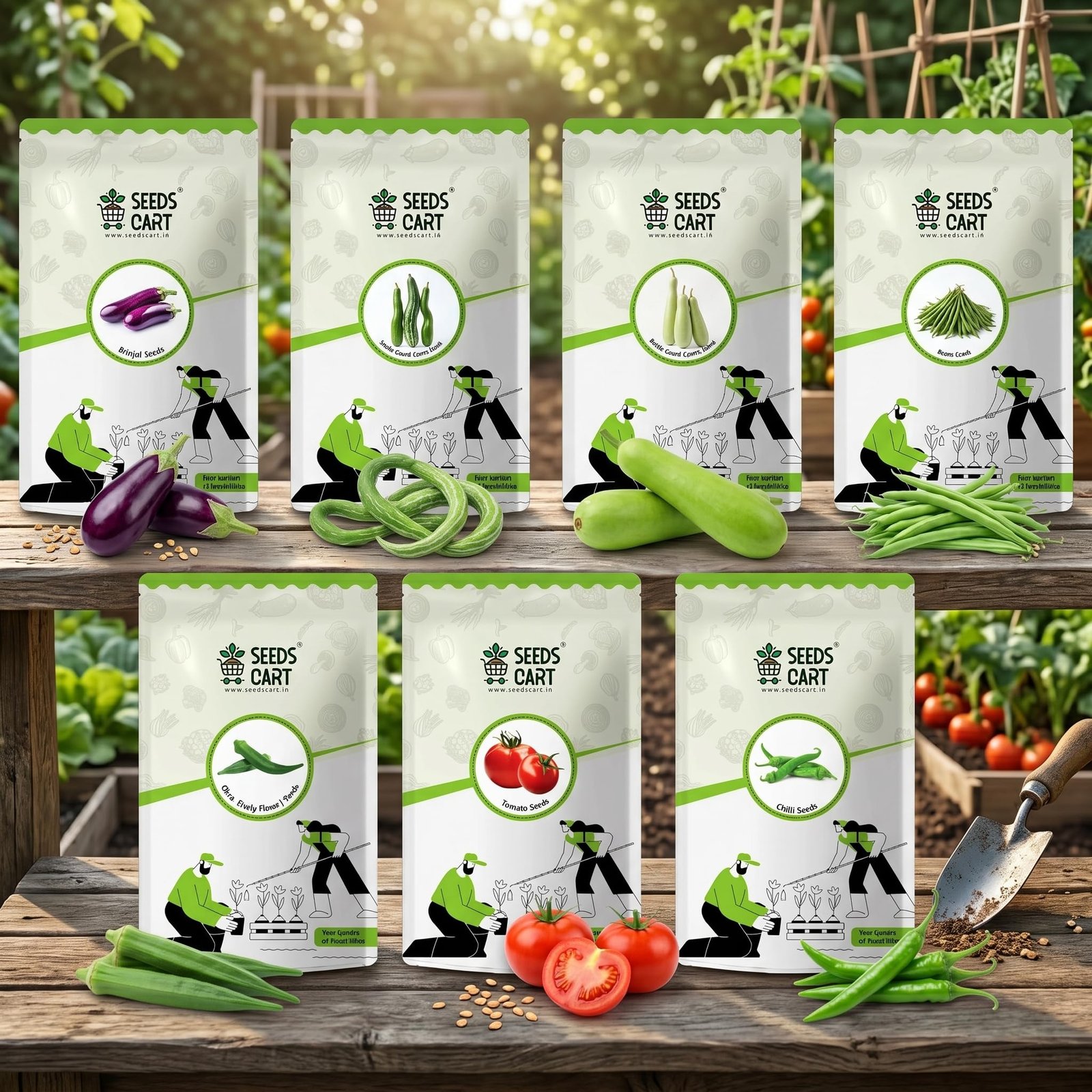Indian Veggie Garden | Tomato, Chilli, Brinjal, Okra, Beans, Bottle Gourd & Snake Gourd Seeds | Non-Hybrid, Open Pollinated & Non-GMO | 7 Vegetable Seeds for Home, Terrace & Kitchen Garden