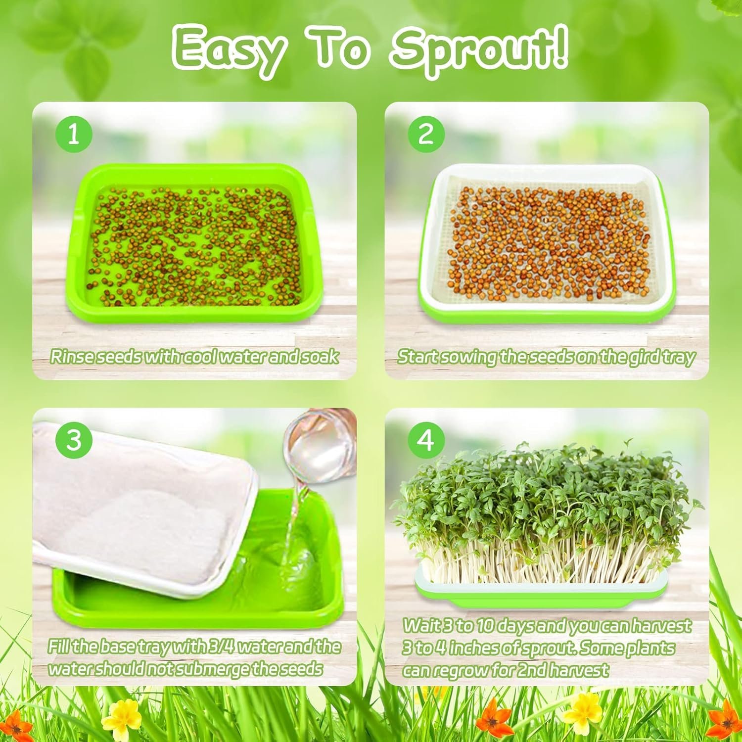 Seed Sprouter Tray Without Lid Microgreens Growing Trays Sprouts Growing Kit Propagation Trays Healthy Wheatgrass Grower Storage Sprouting Tray for Garden Home Office (2PCS) - Image 3