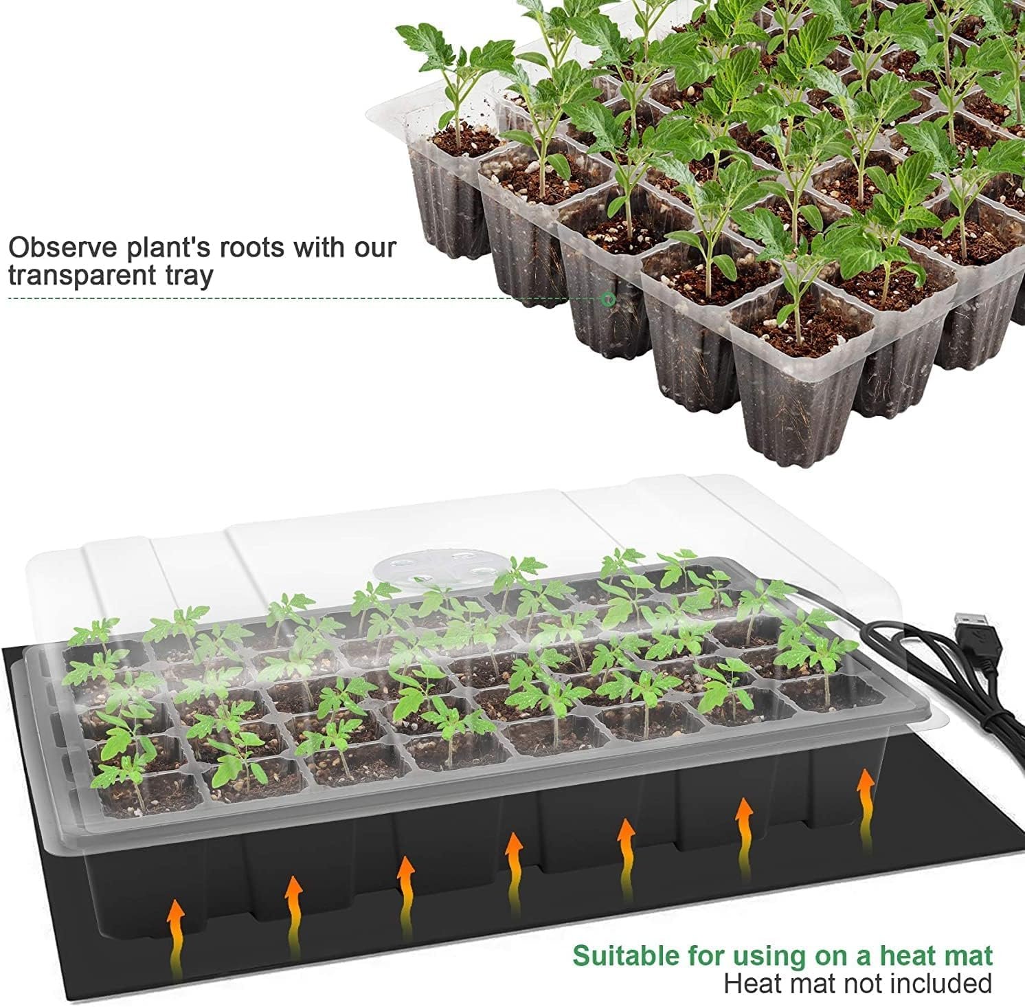 Seedling Trays Seed Starter Tray, 5-Pack Mini Propagator Plant Grow Kit Greenhouse with Humidity Vented Domes and Base for Seeds' Starting (40 Cells Per Tray, Total 200 Cells), Black - Image 3