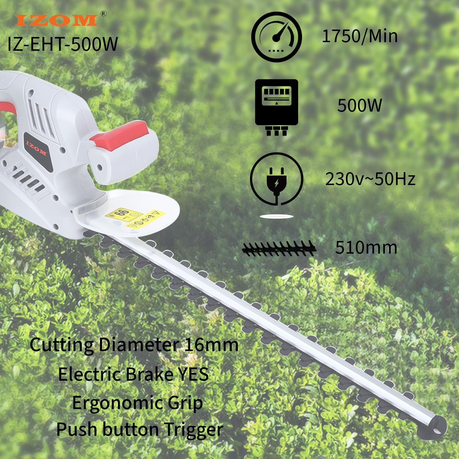 500W Corded Electric Hedge Trimmer for Gardening, 1750rpm, 55cm Blade, Hedge Cutter Light Weight for Stability & Durability - Image 3