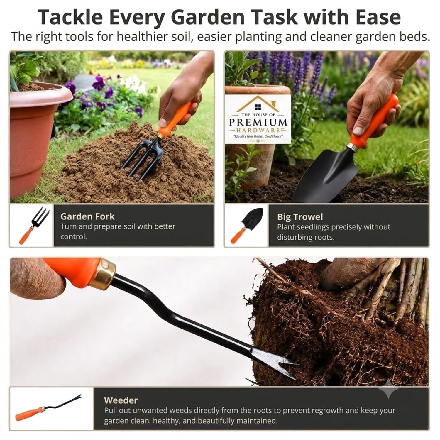 Gardening Hand Tools Set - 5 Pieces (Cultivator, Big and Small Trowel, Weeder, Fork) | Tools for Home Garden | Durable Plant Tool Kit | Farming Tools - Image 6
