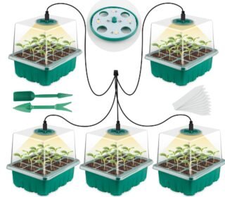 Seed Starter Tray with Grow Light, Seed Starter Kit, Plant Germination Starting Trays with Humidity Dome and Base for Greenhouse Grow Wheatgrass Hydroponic(12 Cells per Tray)(with Grow Lights)