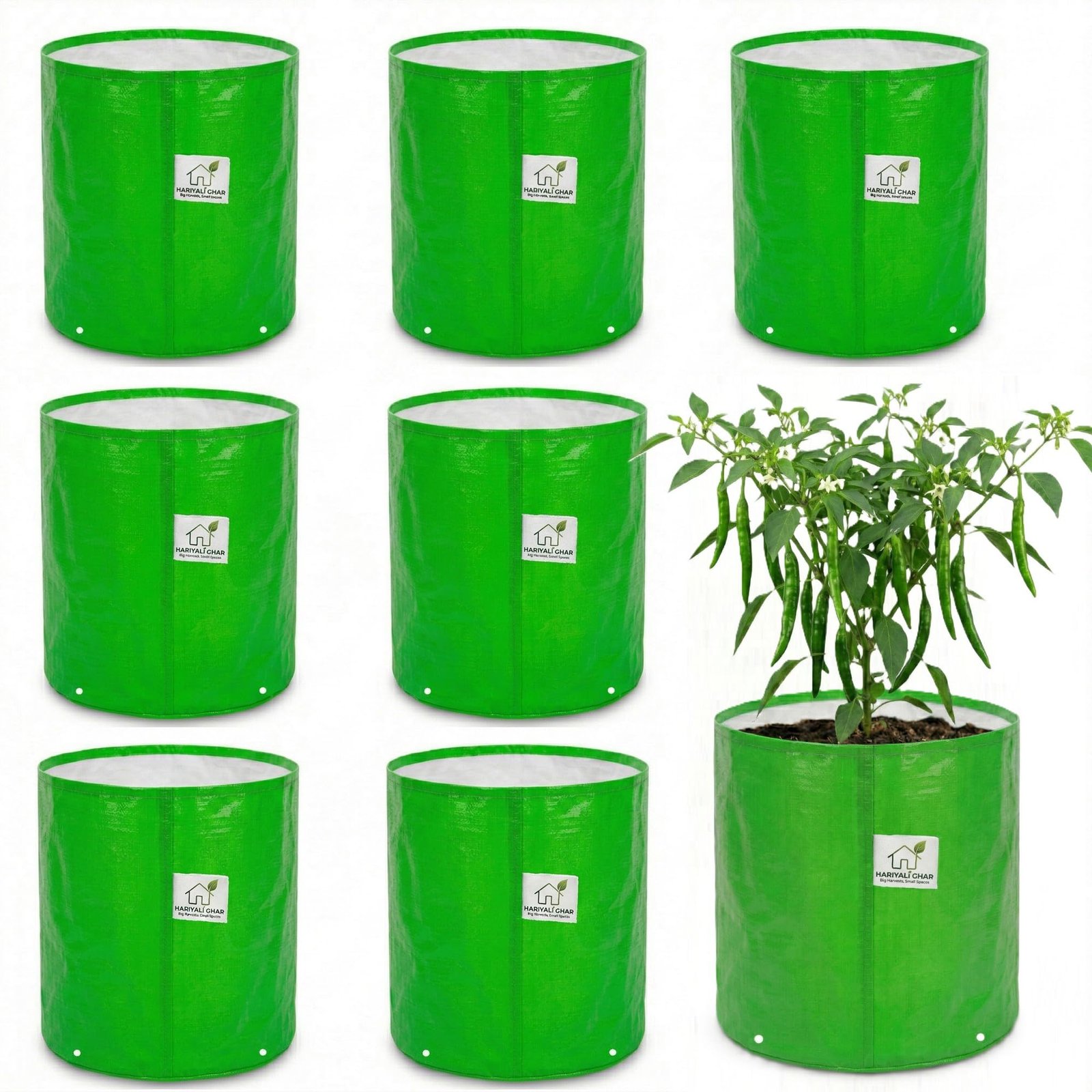 Premium HDPE Uv Protected 260 GSM Round Shaped Green Colour Grow Bags Suitable for Terrace and Vegetable Gardening 15x15 Inch Pack of 8