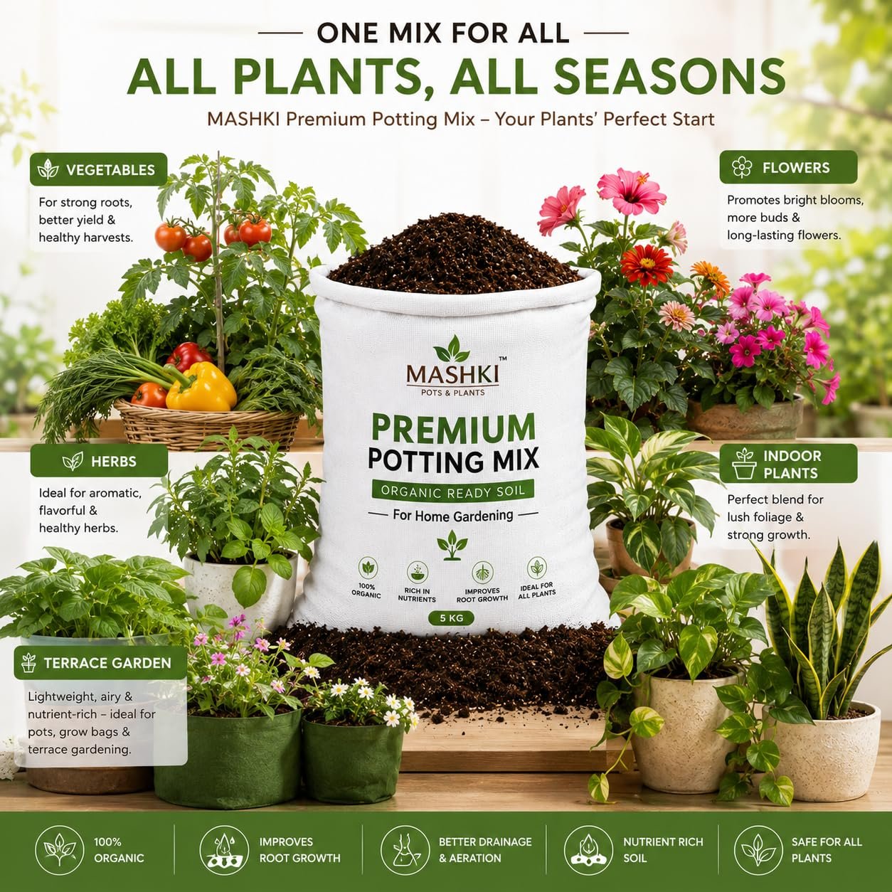MASHKI Premium Organic Potting Mix Soil for Plants | Enriched with Cocopeat, Vermicompost, Neem Cake Powder, Cow Dung & Epsom Salt | Multipurpose Ready to Use Potting Mixture for Garden - Image 7