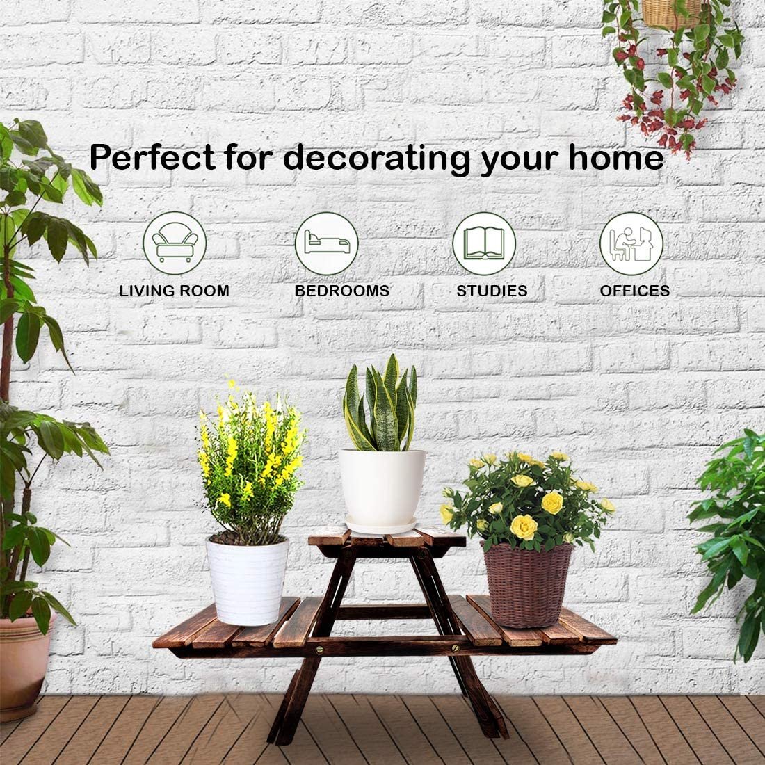 Decorative Wooden 3 Tier Plant Holder Stand, Multi-Level Flower Pot and Vase Display Rack for Home, Balcony, Living Room and Garden, Freestanding Plant Organizer Shelf for Indoor and Outdoor Decoration
