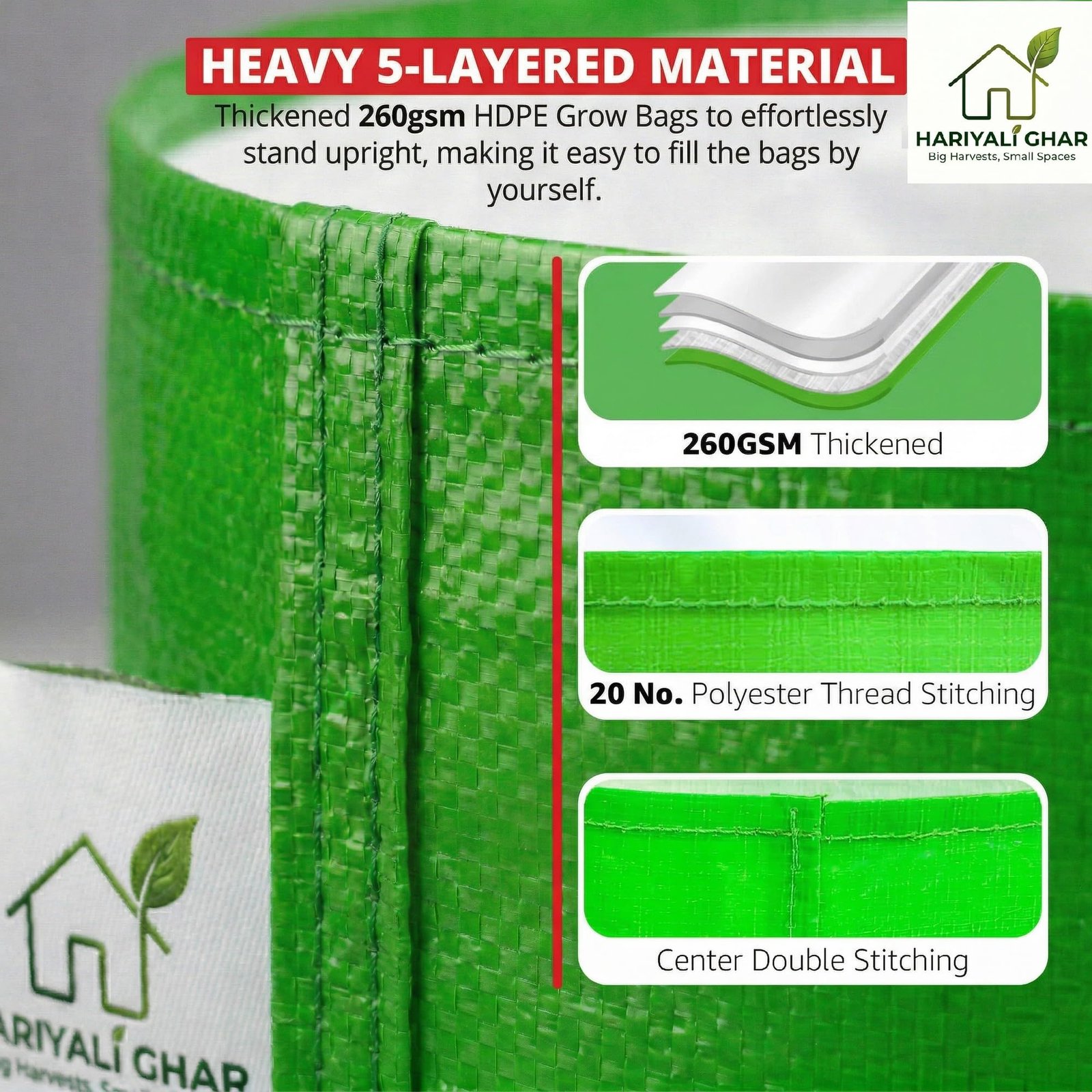 Premium HDPE Uv Protected 260 GSM Round Shaped Green Colour Grow Bags Suitable for Terrace and Vegetable Gardening 15x15 Inch Pack of 8 - Image 3