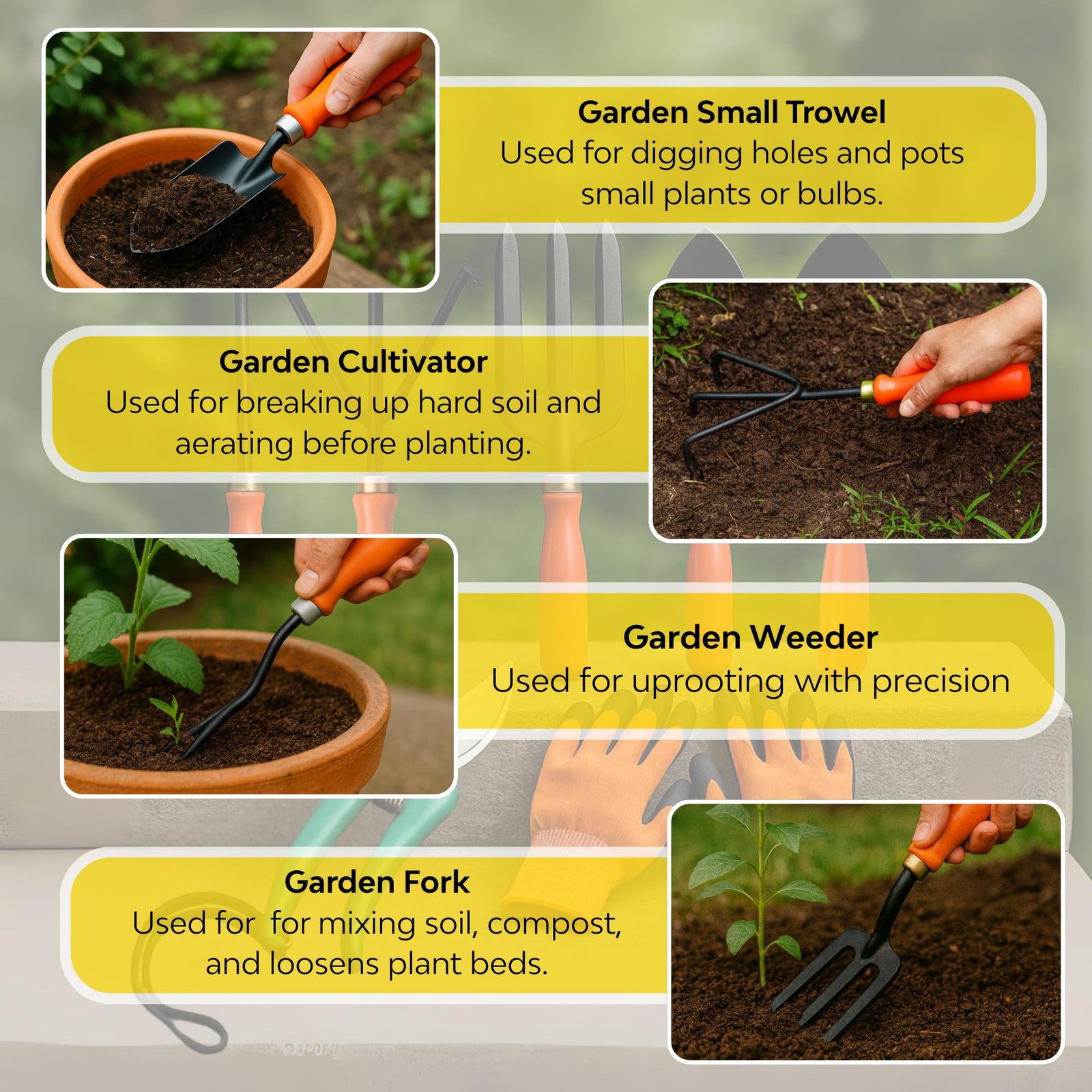Home Tools, 7Pcs Gardening Tools Kit for Home Garden - (Cultivator, Fork, Trowels, Weeder, Gloves, Pruner Cutter), Lightweight, Portable, Durable Gardening Items for Indoor and Outdoor Use - Image 4